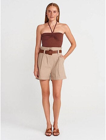Short Tailleur En Mélange De Lin À Taille Haute Et Ceinture