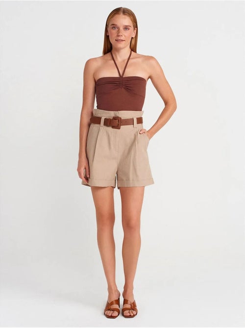 Short Tailleur En Mélange De Lin À Taille Haute Et Ceinture - Kiabi