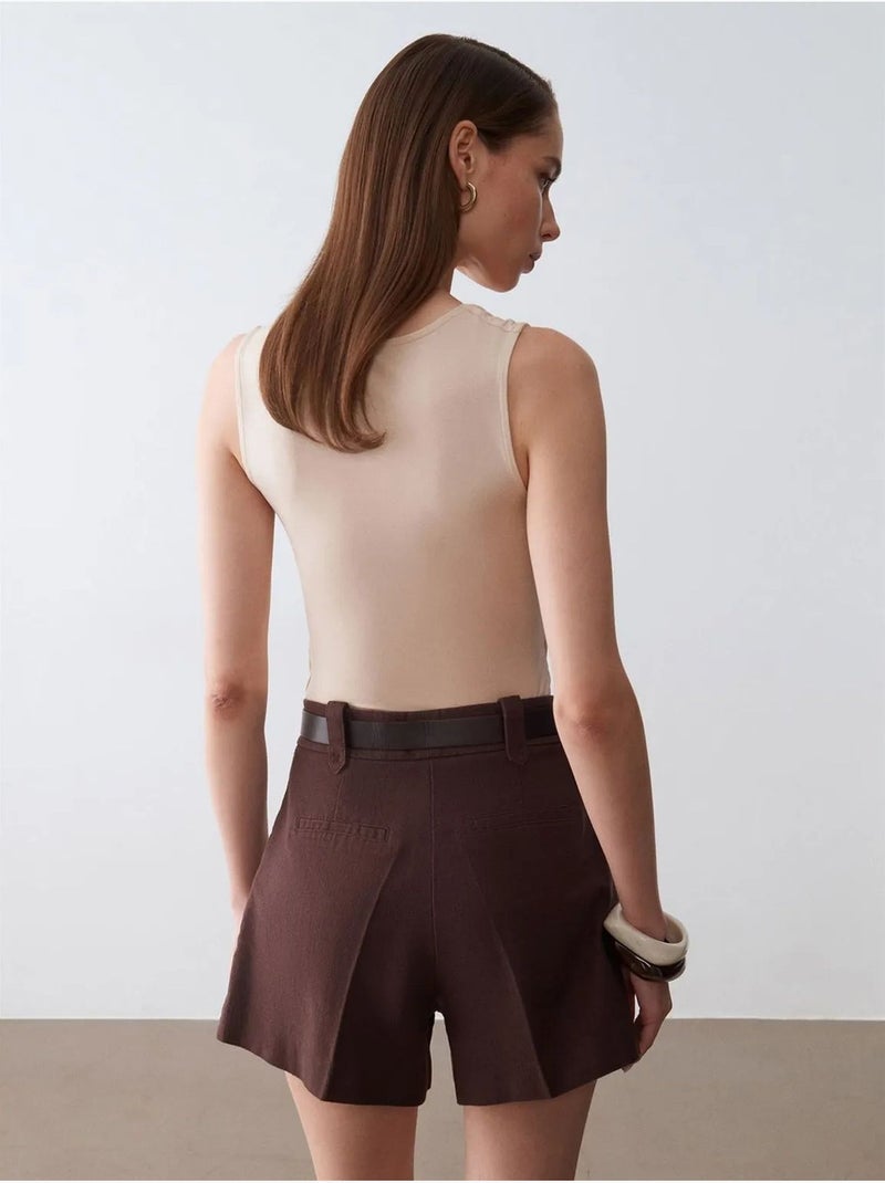 Short tailleur en popeline de coton à taille haute et ceinture dilvin Marron - Kiabi