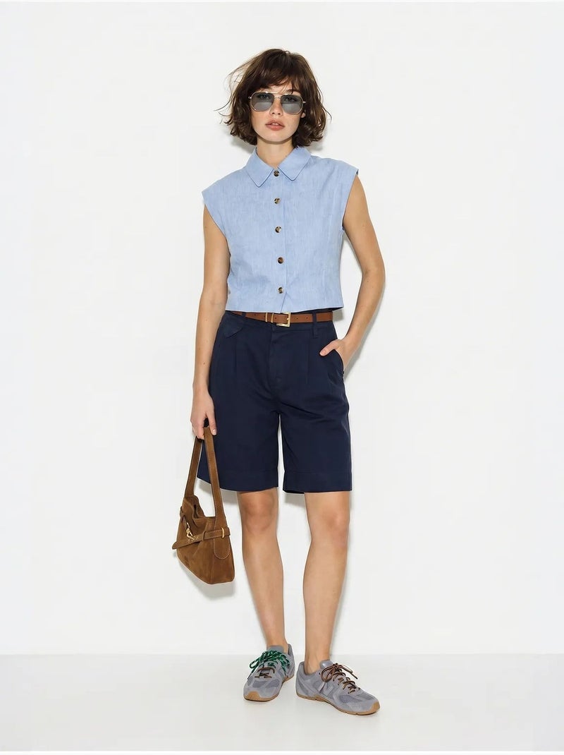 Short tailleur taille haute avec ceinture lucci Bleu marine - Kiabi
