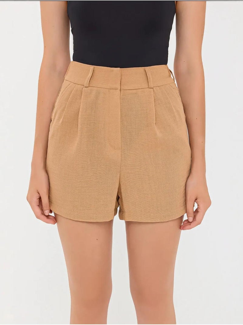 Short tissé plissé taille haute Marron - Kiabi