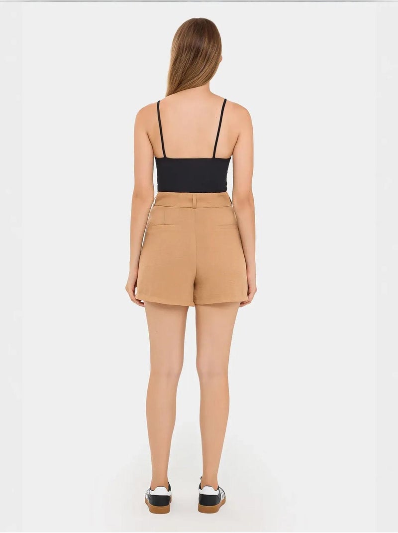 Short tissé plissé taille haute Marron - Kiabi