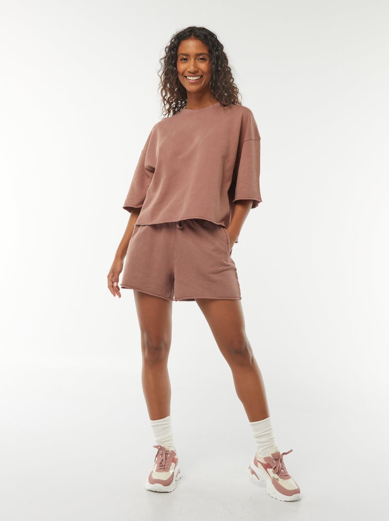 Short uni délavé avec taille élastiquée Rouge - Kiabi