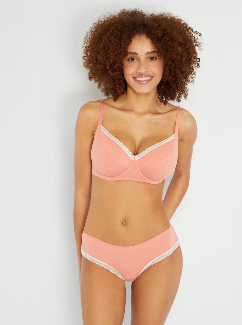Shorty coton galons dentelle corail - Kiabi