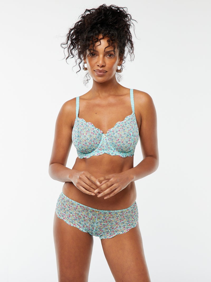 Shorty en dentelle fleurie ajourée Bleu - Kiabi