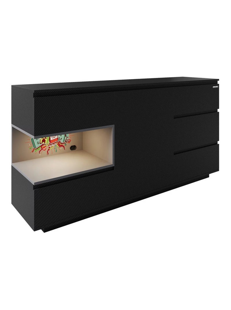 Sideboard 5 tiroirs et compartiment ouvert avec LED 'Roba' - Minecraft Noir Multicolore - Kiabi