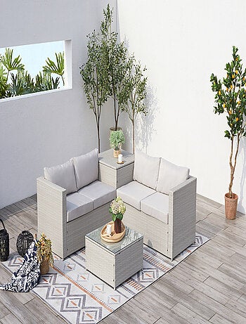 Silang marron/blanc : salon de jardin en résine tressée 4 personnes avec coffre intégré