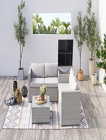Silang marron/blanc : salon de jardin en résine tressée 4 personnes avec coffre intégré