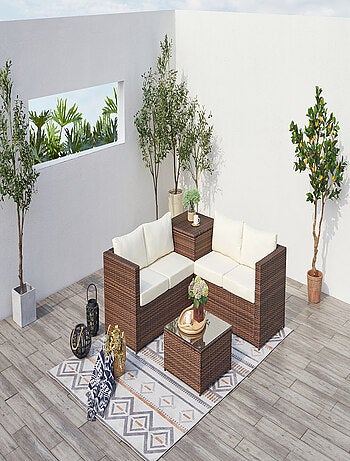 Silang marron/blanc : salon de jardin en résine tressée 4 personnes avec coffre intégré