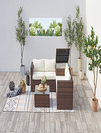 Silang marron/blanc : salon de jardin en résine tressée 4 personnes avec coffre intégré