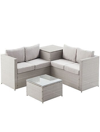 SILANG Salon de jardin en résine tressée 4 places avec coffre intégré marron et blanc