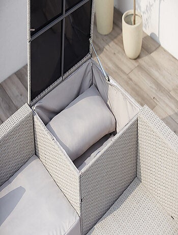 SILANG Salon de jardin en résine tressée 4 places avec coffre intégré marron et blanc
