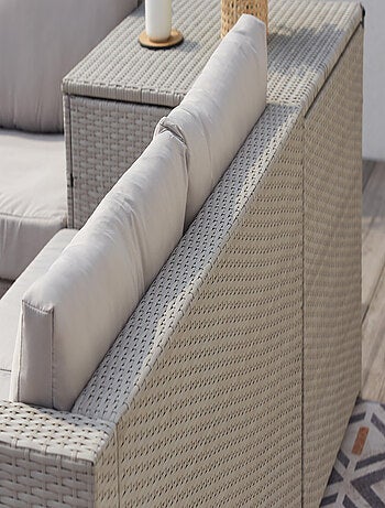 SILANG Salon de jardin en résine tressée 4 places avec coffre intégré marron et blanc