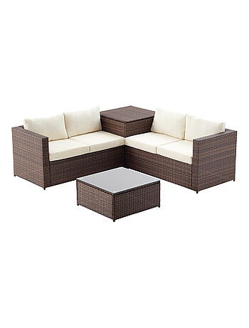 SILANG Salon de jardin en résine tressée 4 places avec coffre intégré marron et blanc