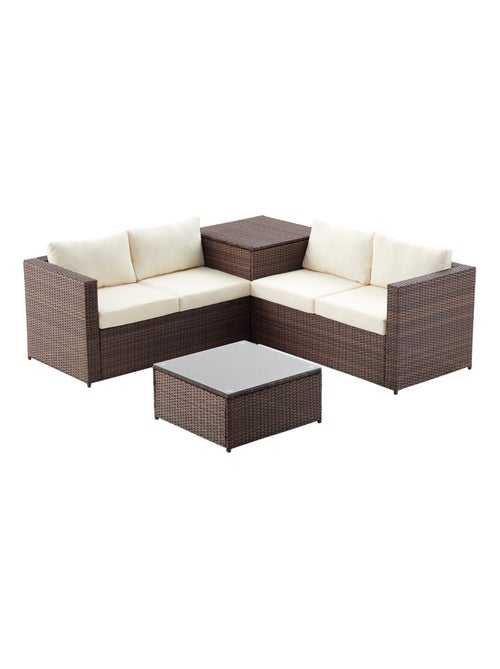 SILANG Salon de jardin en résine tressée 4 places avec coffre intégré marron et blanc - Kiabi