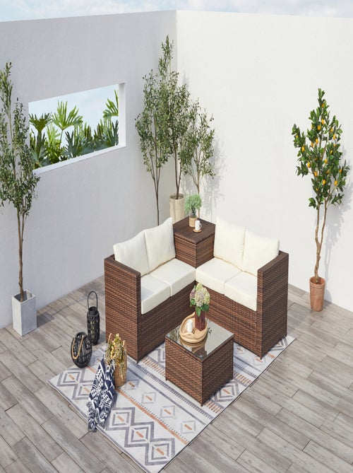 SILANG Salon de jardin en résine tressée 4 places avec coffre intégré marron et blanc - Kiabi
