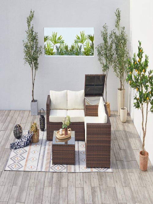 SILANG Salon de jardin en résine tressée 4 places avec coffre intégré marron et blanc - Kiabi