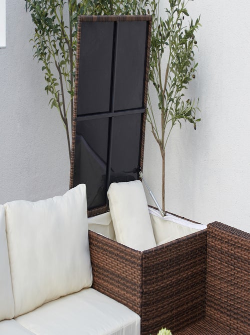 SILANG Salon de jardin en résine tressée 4 places avec coffre intégré marron et blanc - Kiabi