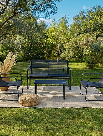 SINTRA - Salon de jardin avec canapé, fauteuils et table basse rectangulaire noir en acier