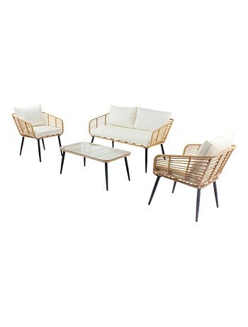 SITIA Salon de jardin 4 places canapé et chaises effet rotin avec coussins conforts