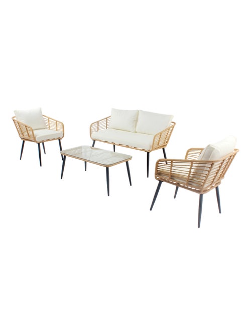 SITIA Salon de jardin 4 places canapé et chaises effet rotin avec coussins conforts - Kiabi SITIA Salon de jardin 4 places canapé et chaises effet rotin avec coussins conforts - Kiabi