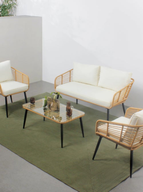 SITIA Salon de jardin 4 places canapé et chaises effet rotin avec coussins conforts - Kiabi SITIA Salon de jardin 4 places canapé et chaises effet rotin avec coussins conforts - Kiabi