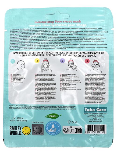 TAKE CARE - Smiley, Masque Tissu, Eclat pour Visage, Kids, Enfant, Soin  Visage, 25 ml : : Beauté et Parfum