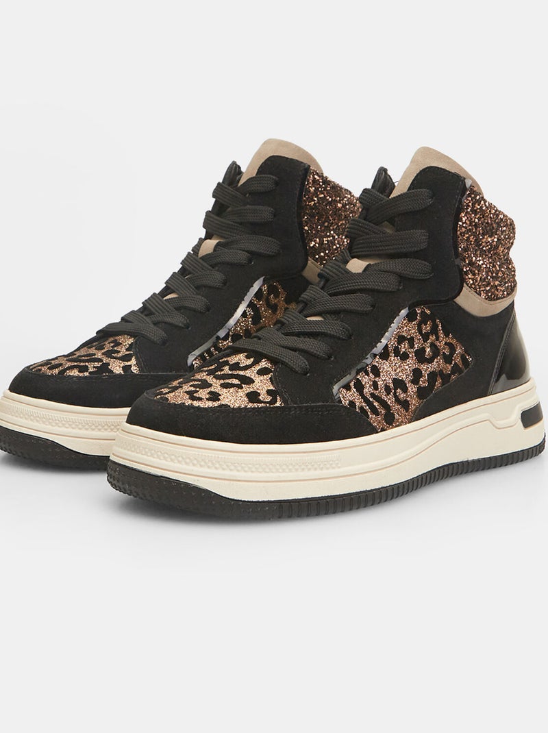 Sneakers hautes avec imprimé animalier et paillettes BATA Marron - Kiabi