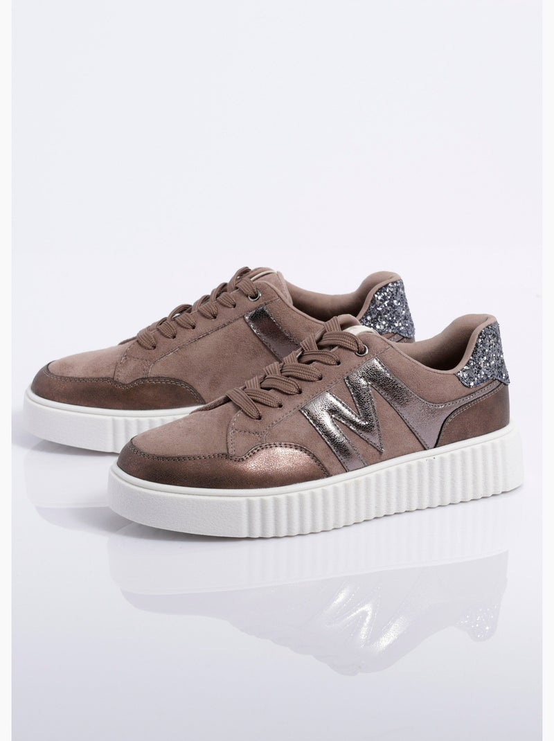 Sneakers multimatières compensées à lacets - AFIBEL Taupe - Kiabi
