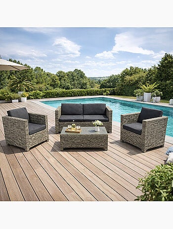 SOCOTRA - Salon de jardin 4 places en résine tressée gris et noir