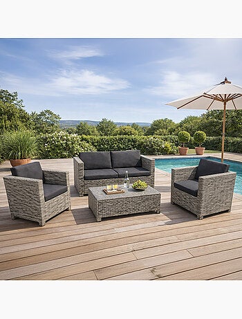 SOCOTRA - Salon de jardin 4 places en résine tressée gris et noir