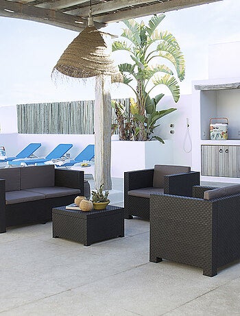 SOLIS - Salon de jardin 4 places effet résine tressée avec table et coffre de rangement gris