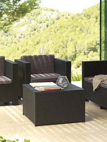 SOLIS - Salon de jardin 4 places effet résine tressée avec table et coffre de rangement gris