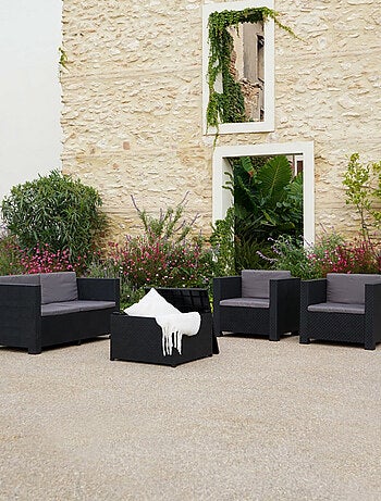 SOLIS - Salon de jardin 4 places effet résine tressée avec table et coffre de rangement gris