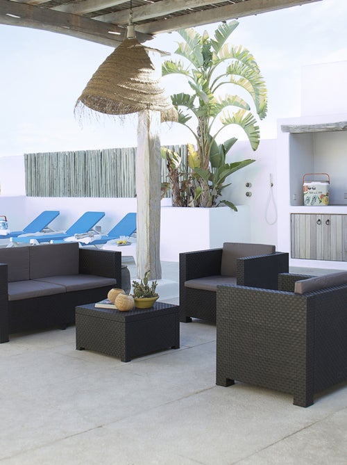 SOLIS - Salon de jardin 4 places effet résine tressée avec table et coffre de rangement gris - Kiabi