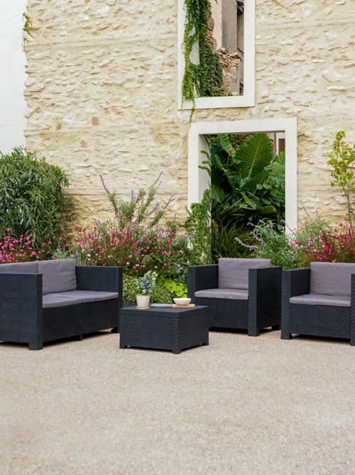 SOLIS - Salon de jardin 4 places effet résine tressée avec table et coffre de rangement gris - Kiabi