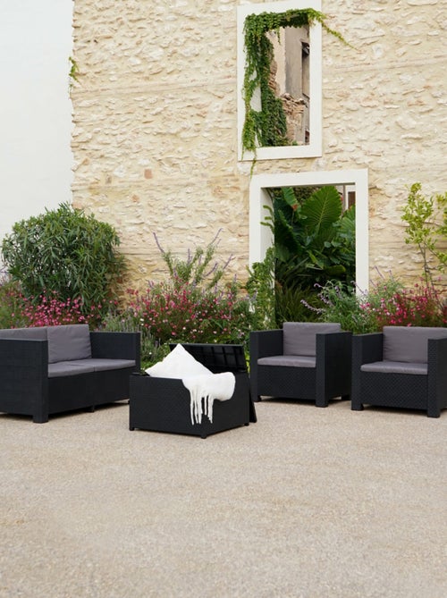 SOLIS - Salon de jardin 4 places effet résine tressée avec table et coffre de rangement gris - Kiabi