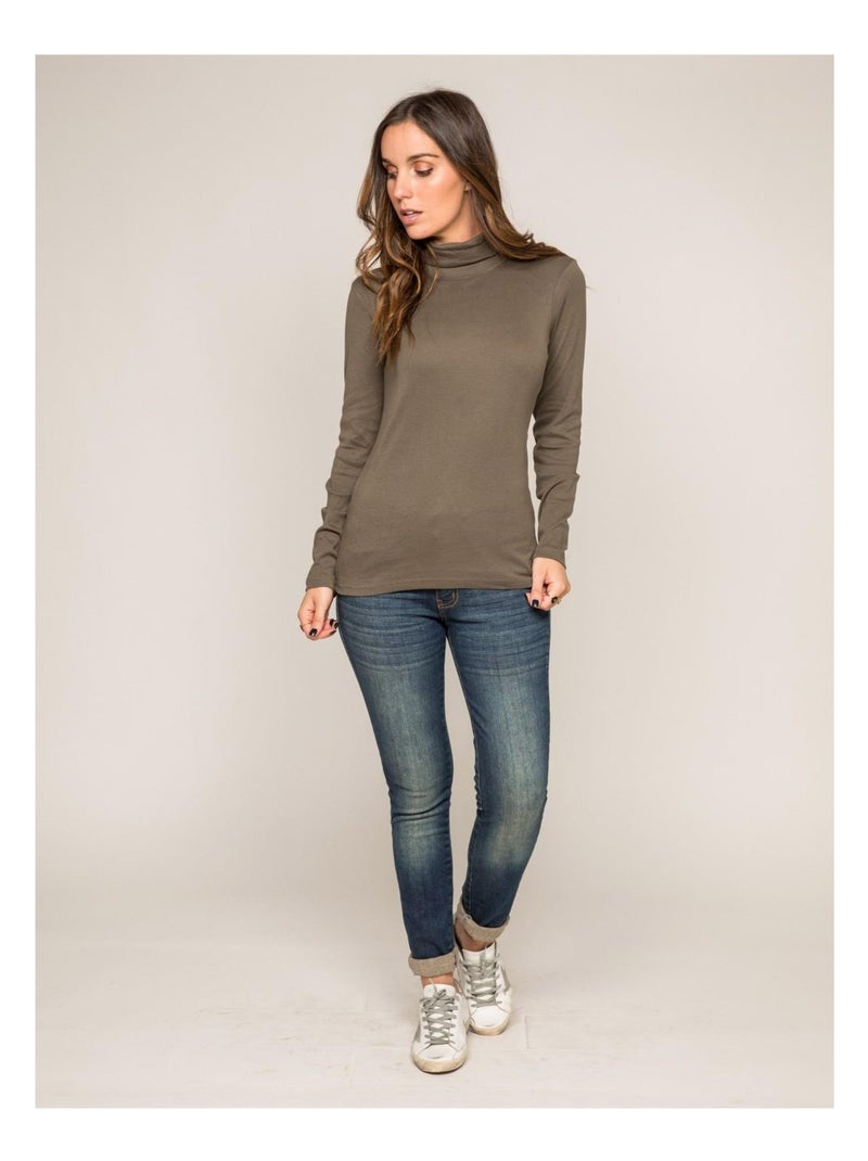 Sous pull col roulé pur coton peigné fusee Kaki - Kiabi