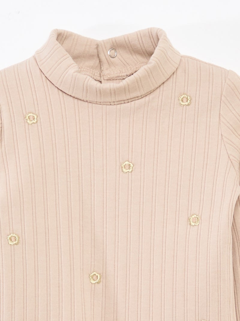 Sous pull en maille côtelée avec fleurs fantaisie en coton Beige - Kiabi