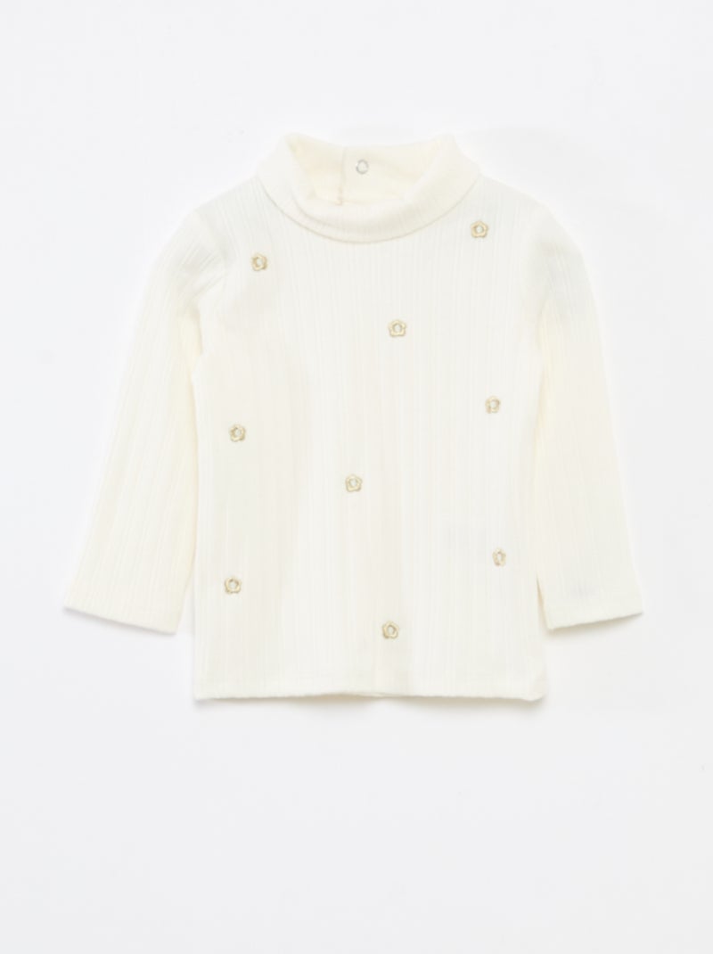 Sous pull en maille côtelée avec fleurs fantaisie en coton Blanc - Kiabi