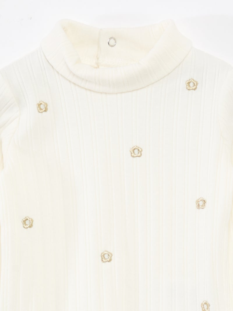 Sous pull en maille côtelée avec fleurs fantaisie en coton Blanc - Kiabi