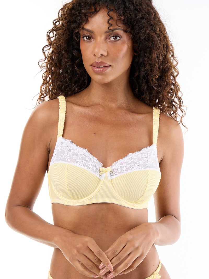 Soutien-gorge corbeille emboîtant rayé avec dentelle Jaune - Kiabi
