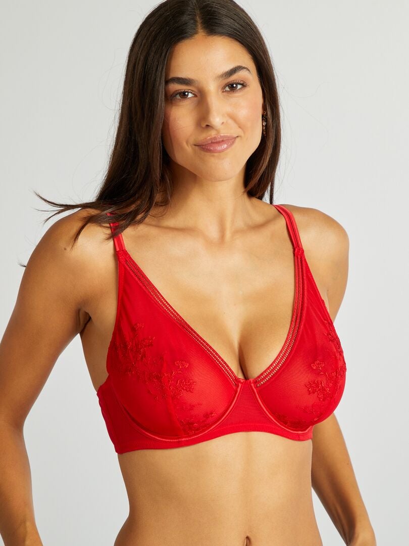 Soutien-gorge corbeille en mesh brodé Rouge - Kiabi