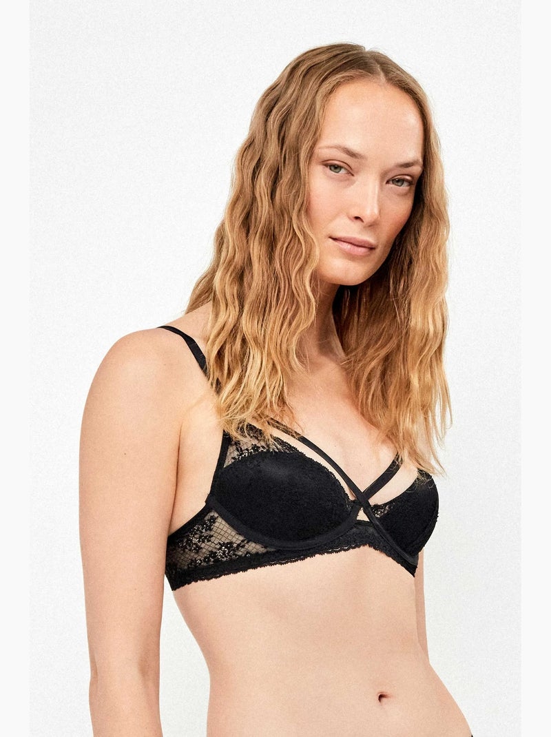 Soutien-gorge demi-coupe en dentelle avec bretelles croisées Noir - Kiabi