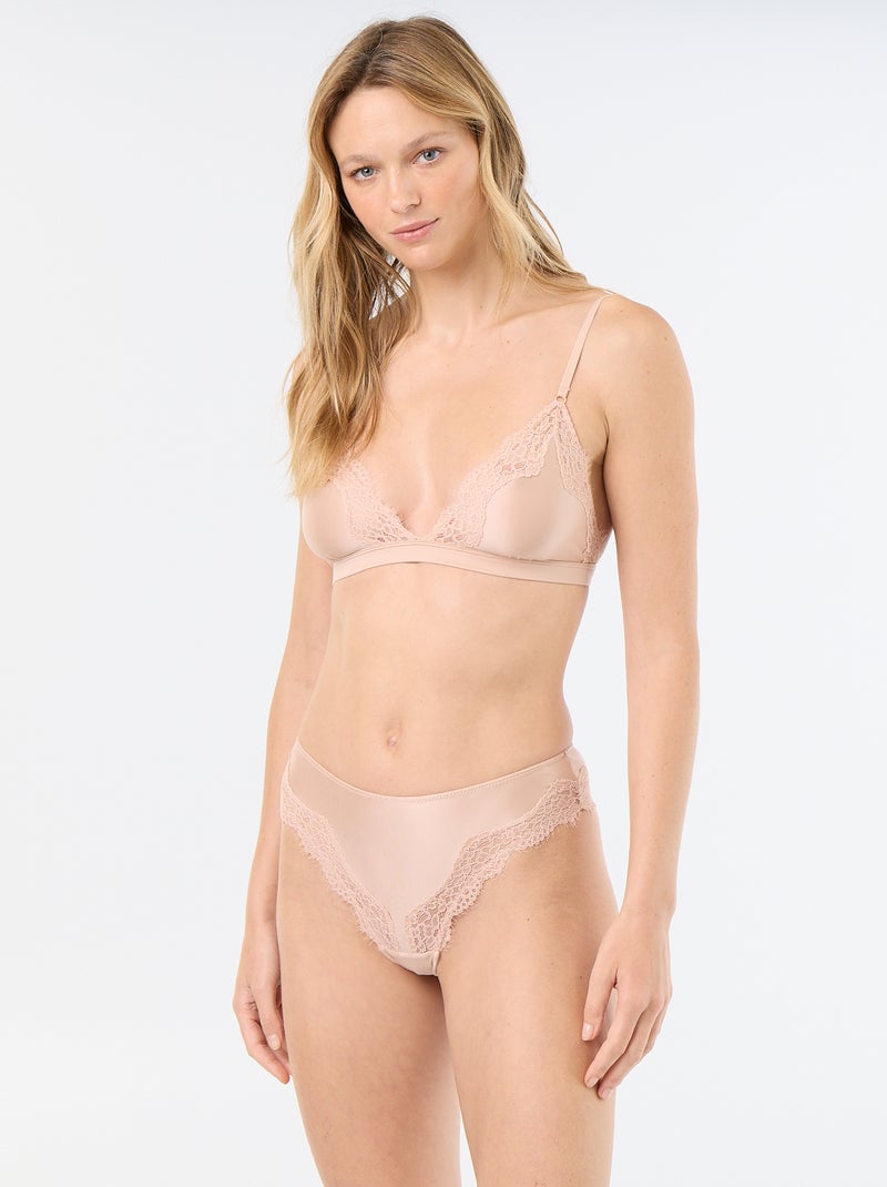 Soutien-gorge triangle en microfibre satinée et dentelle Rose - Kiabi