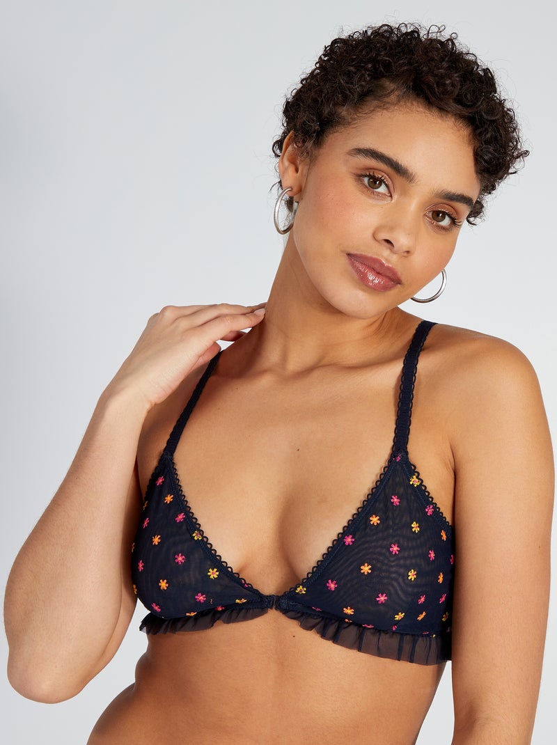 Soutien-gorge triangle en tulle et fleurs brodées bleu marine - Kiabi