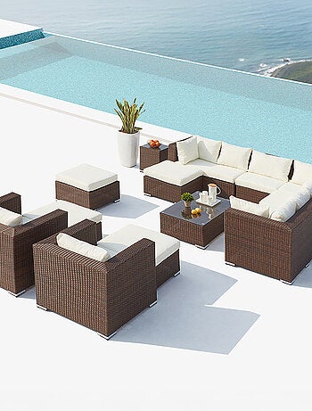 STALLA - Salon de jardin modulable 13/14 places en résine tressée noir et gris