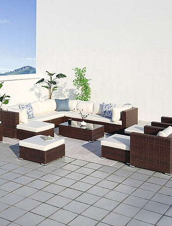 STALLA - Salon de jardin modulable 13/14 places en résine tressée noir et gris