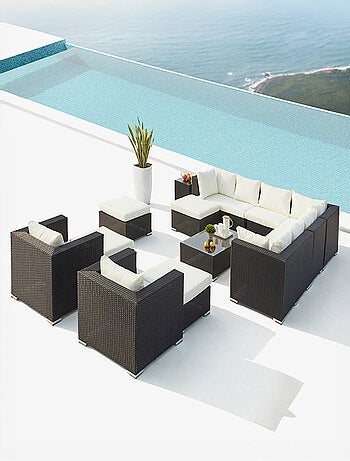 STALLA - Salon de jardin modulable 13/14 places en résine tressée noir et blanc