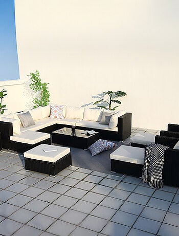 STALLA - Salon de jardin modulable 13/14 places en résine tressée noir et blanc